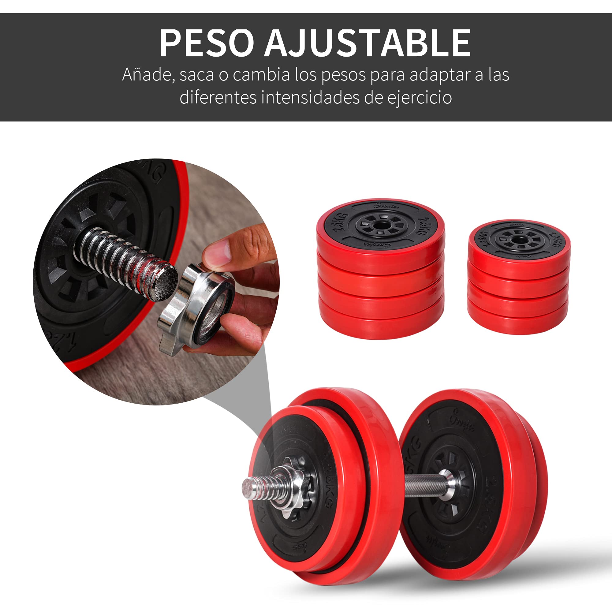 HOMCOM Juego de Mancuernas Ajustables 2 en 1 20 kg como Barra, Mancuernas, con 8 Discos 2 Barras y Biela Ajustable para Entrenamiento de Fuerza, Levantamiento de Pesas, Hogar, Gimnasio, Oficina