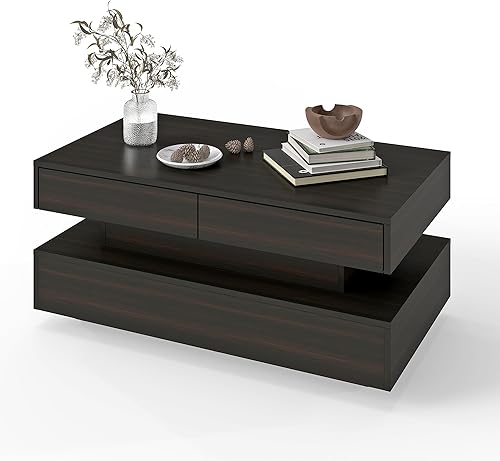 Miniatura 9 de Mesa de centro para sala de estar, mesa de centro moderna con 2 cajones de almacenamiento, mesa central de 2 niveles de madera con luces LED de 20