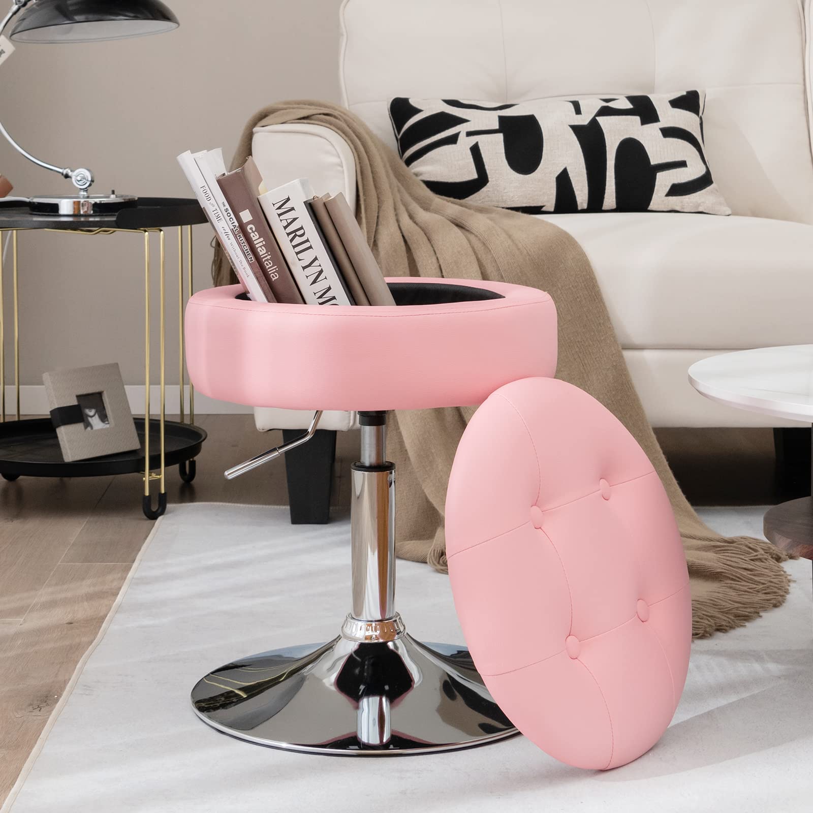 GOPLUS Tabouret de Coiffeuse Capitonné, 3 en 1 Pouf de Rangement d'Appoint avec Couvercle Réversible, Chaise de Maquillage Pivotante à 360° et Réglable en Hauteur 51-66 cm (Rose)