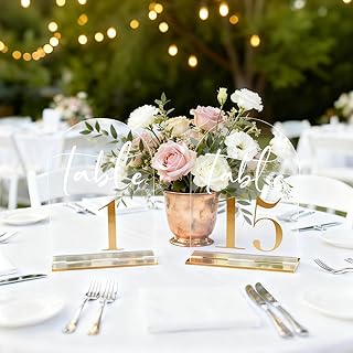 Clear Arch Table Numbers for Wedding Reception - 5" x 7" Elegant Gold Font Centerpiece Set with Holder Stands & Head Table Sign - Anniversary, Event, Party, Wedding set Tables Number 1-15