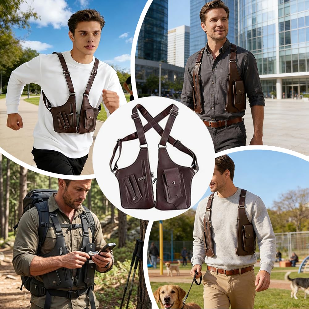 Anti-Diebstahl Unterarm-Schultertasche für Herren, Doppel-Schultertache aus PU-Leder, Verstellbares Achselholster-Design mit Mehreren Taschen, Brusttasche für Reise, Business & Outdoor (Schwarz) - 3