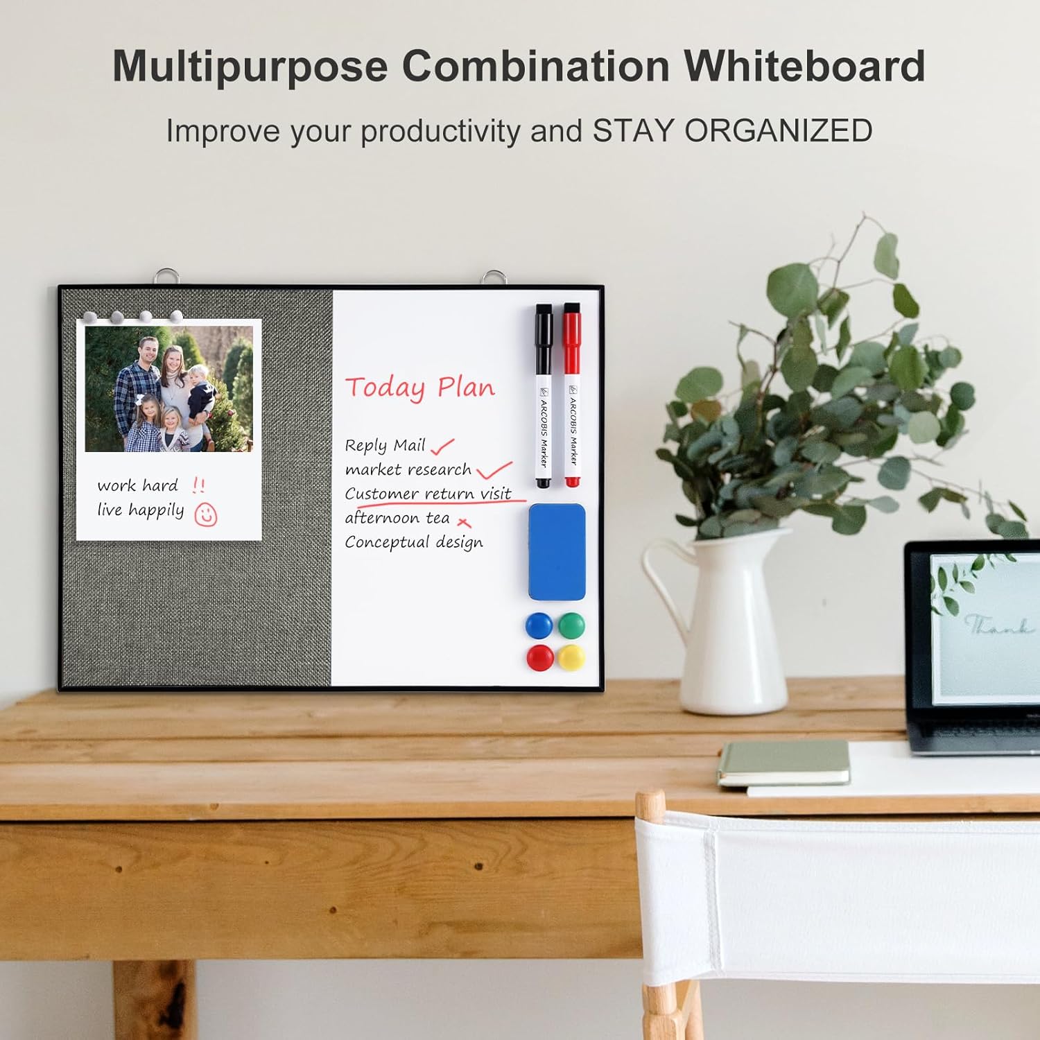 ARCOBIS Dry Erase Linen Board, 12"X16" Small Cork Board White Board Combination, Double-Sided Magnetic Bulletin Board for Wall, Vision Board for Home, Office, School, Grey