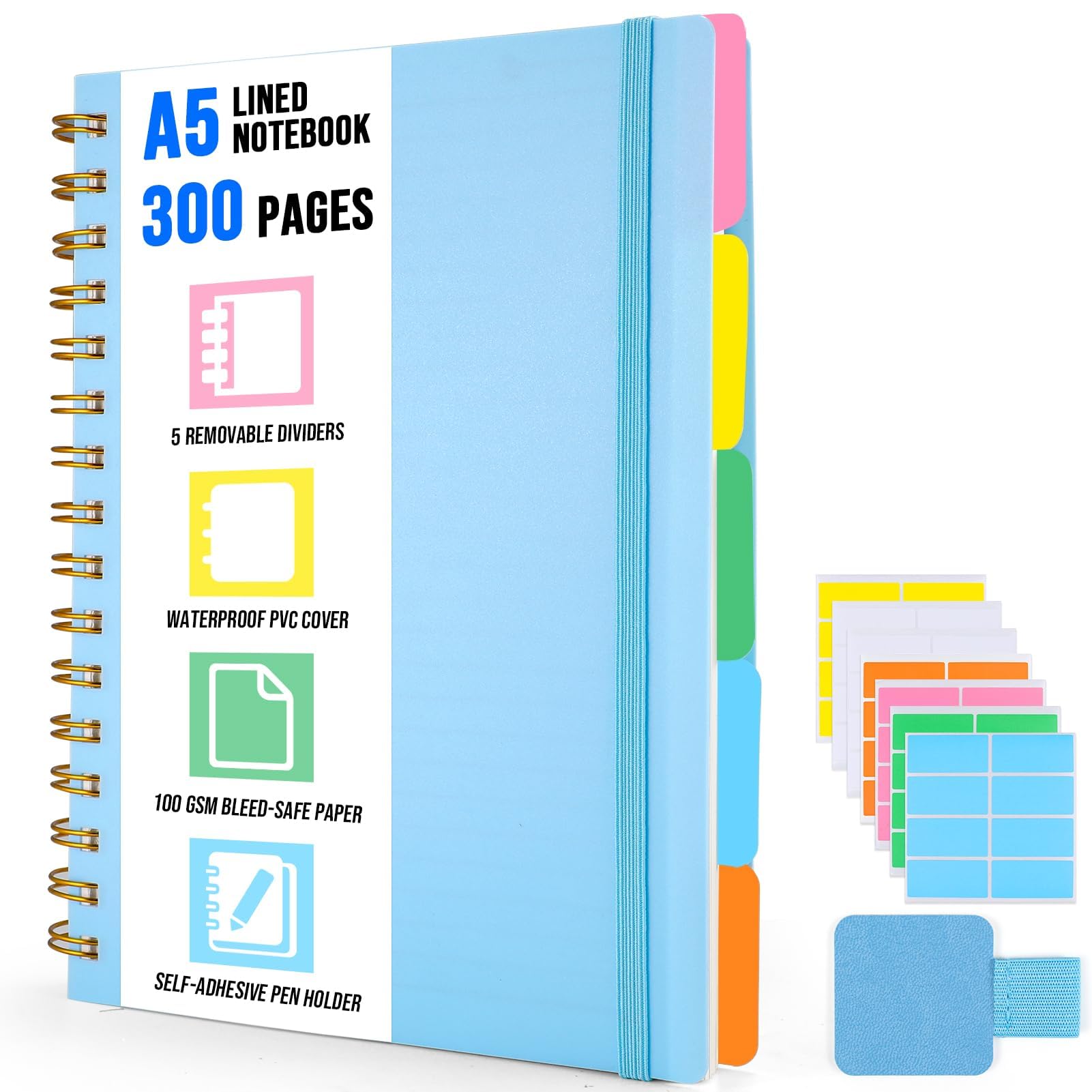 ihaspoko A5 Notebook with Dividers, 100GSM No-Bleed Paper, 300 Pages, PVC Hardcover