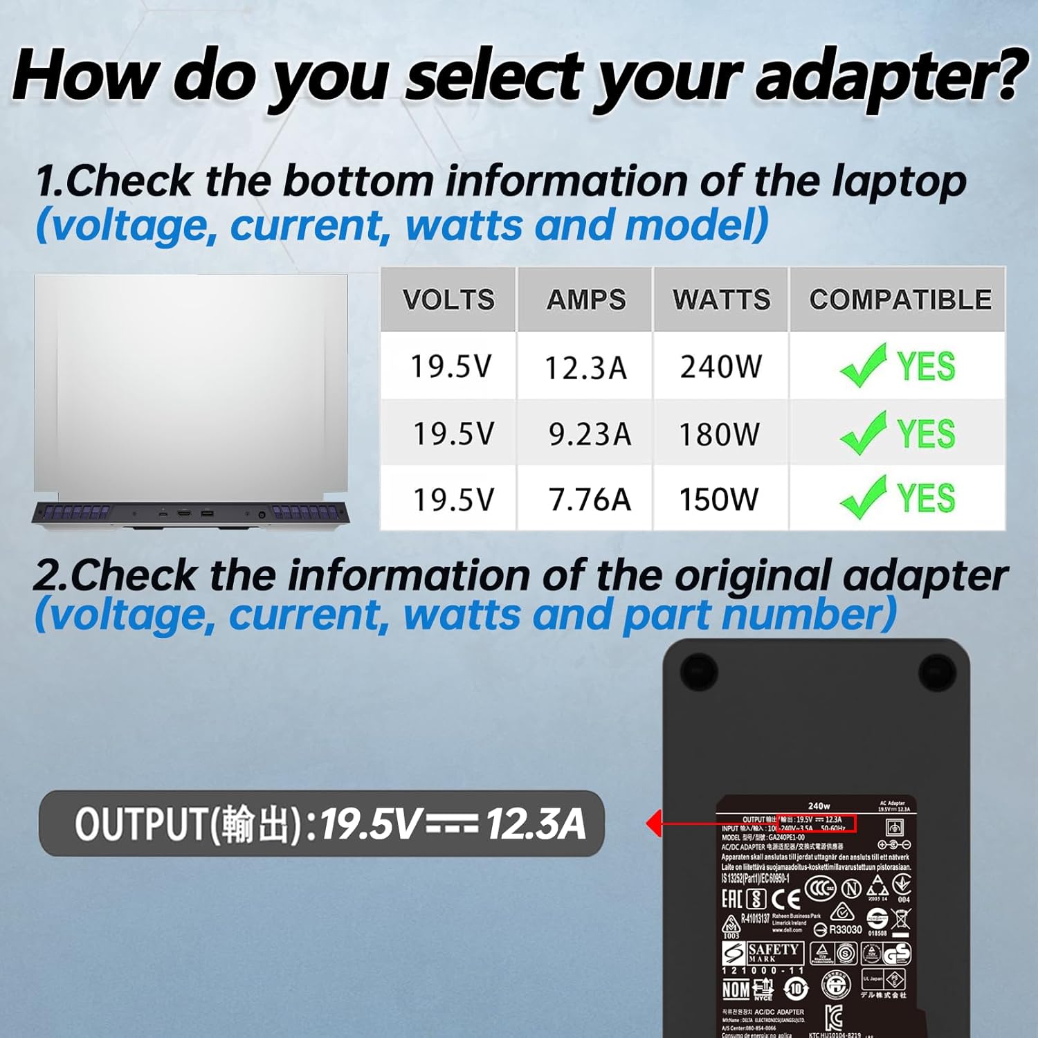 240W Gaming Laptop Charger Fit for Alienware 15 17 M15 M16 M17 M18X X51 R2 R3 R4 R5 R7 G3 G5 G7 15 5530 5535 5520 Fit for Precision M6800 M6700 M6400 J211H AC Adapter Power Supply