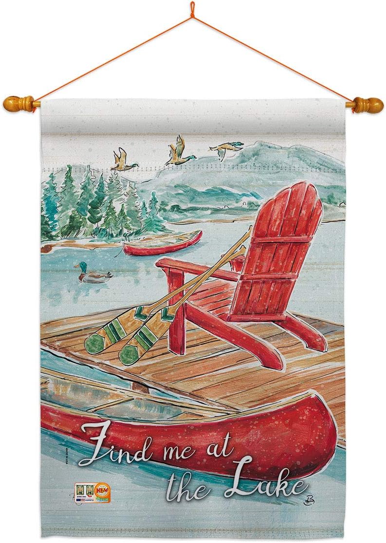 Breeze Decor Find Me at The Lake House Flag Dowel Set Outdoor Rustic Cabin Moose Wildlife Adventure Forest Small Decorative Gift Yard Banner Made in USA 28 X 40