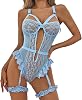 Satohom Lingerie Sets for Women Sexy Lace Body Push-Up Bra with Thigh Cuffs One Piece Sleepwear Underwear Teddy Babydolls with Garter Belt Stockings Without Stockings One Size