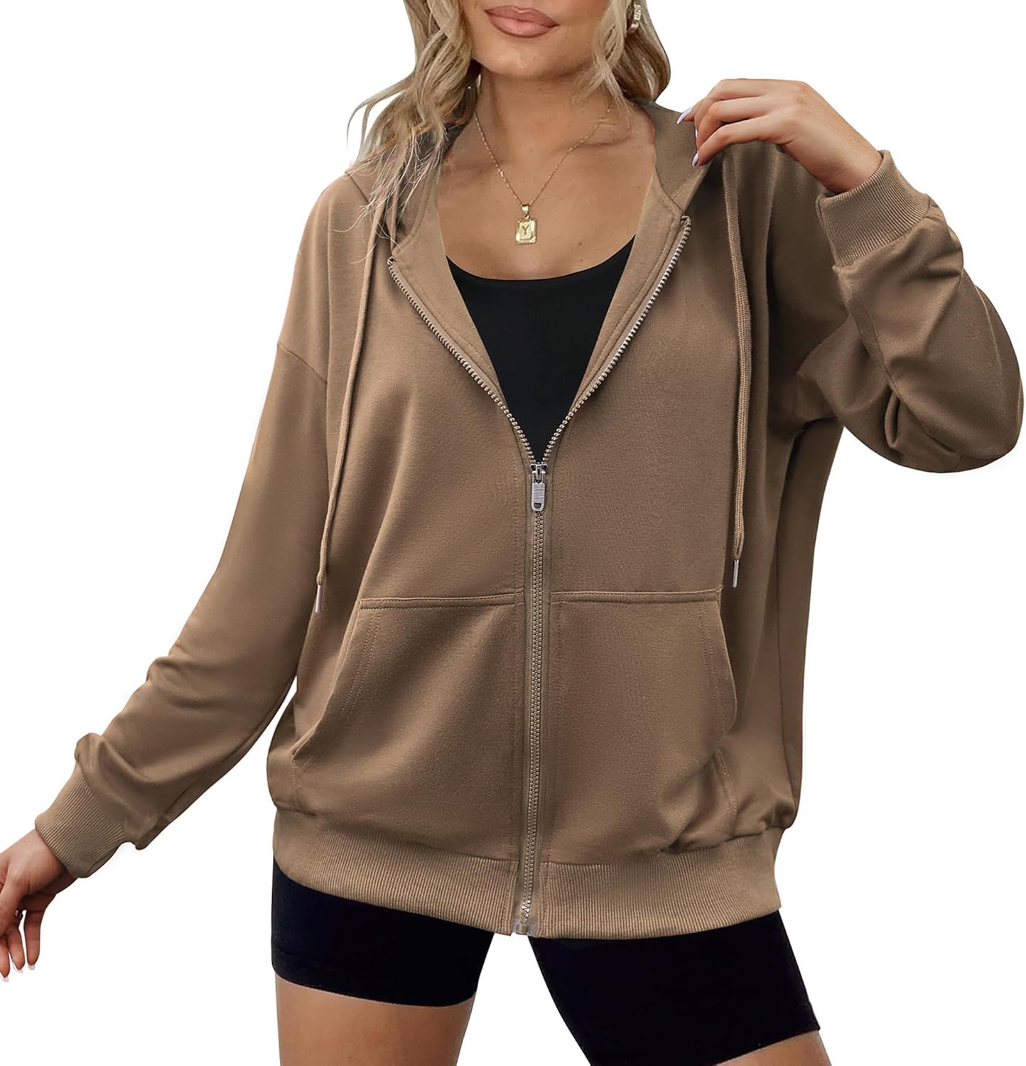 Zeagoo Women's Lightweight Hoodies Full Zip Up Oversized Sweatshirts with Pockets Long Sleeve Thin Casual Hooded Jackets Small Brown(similar)