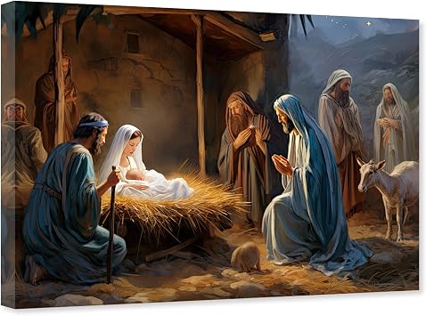 ARTZGX Nativity Scene Canvas Wall Art Religious Baby Jesus Painting Christian Manger Picture Print for Home Decor FrameNativity - B 12.00" x 18.00"