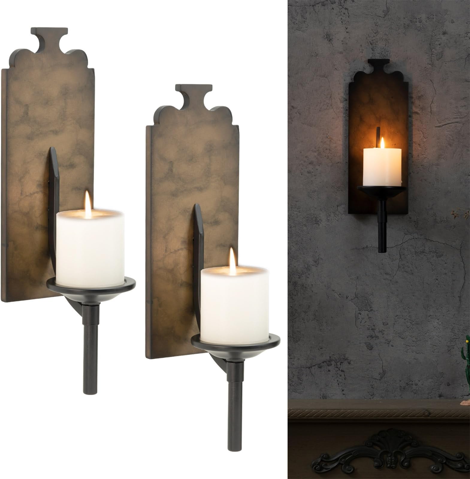Candle Holder Set of 2, Black Metal and Wooden Wall Decoration for Living Room, Bathroom, Dining Room