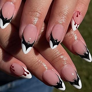 24Pcs Halloween French Tip Press on Nails Black White Almond Shaped Fake Nails Bat Glue on Nails Full Cover Acrylic Nails for Women Holiday Glossy Manicure Decoration
