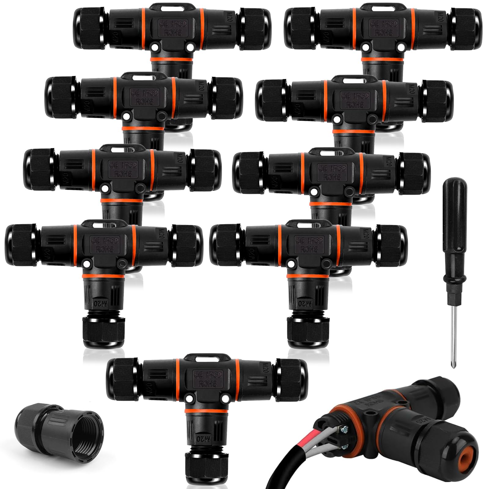 HIMOMO Kabelverbinder Wasserdicht IP68, kabelverbinder t form wasserdicht 3 polig, 3-Wege Erdkabel Verbinder Ø3-12mm Kabeldurchmesser für Garten, Outdoor (10 pcs)