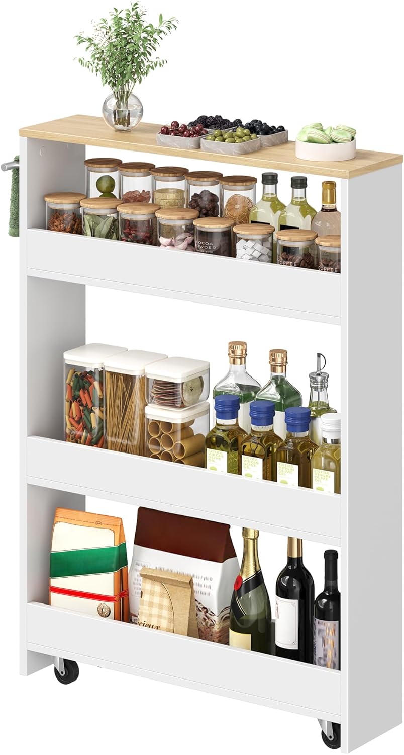 Slim Storage Cart with Wheels, 5.5" Narrow 4-Tier Rolling Cart, Multi-Purpose Utility Cart for Kitchen, Bathroom, Laundry Room, Living Room, White and Natural MTC02WN