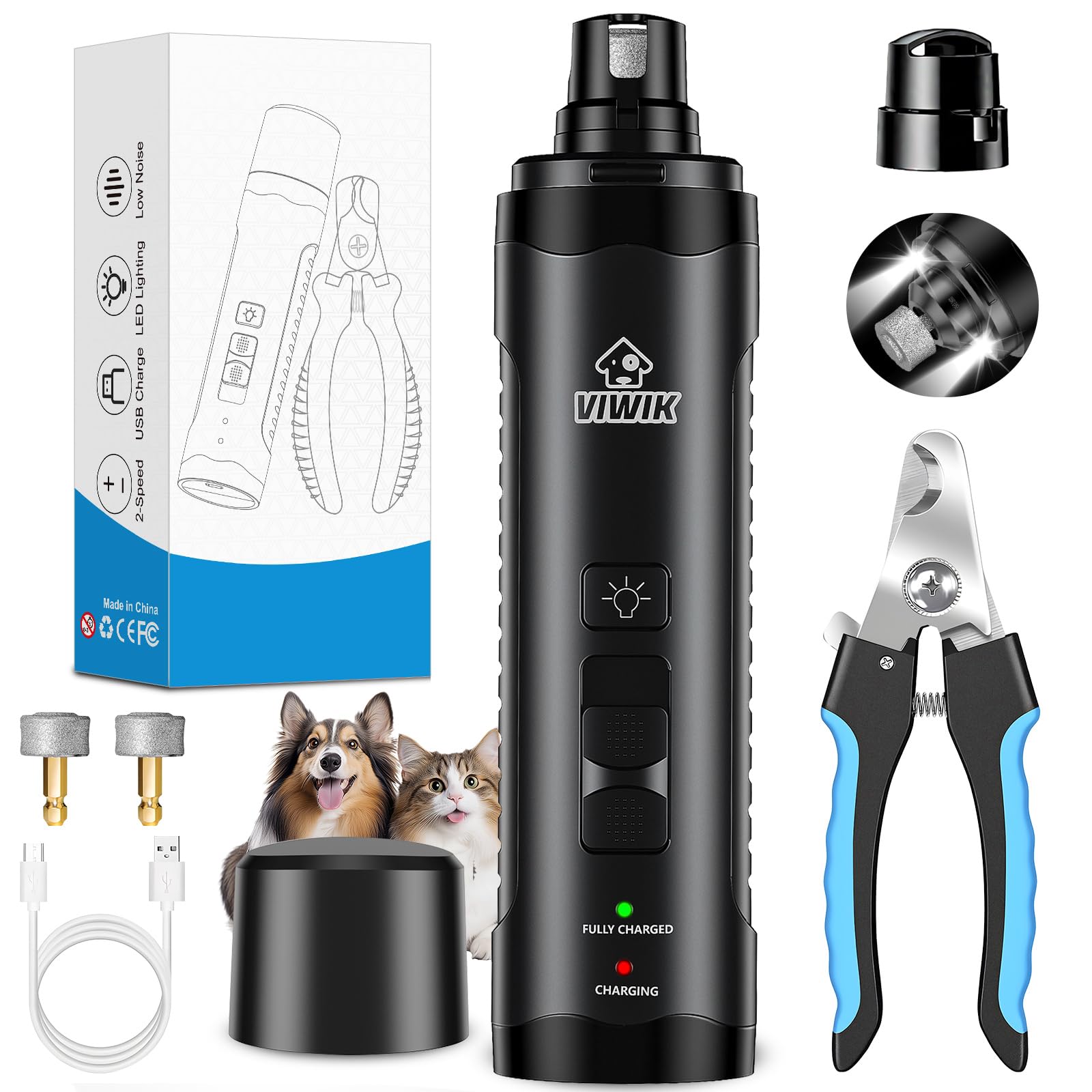 VIWIK Dog Nail Grinder, Dog Nail Trimmers for Large Medium Small Dogs & Cats, Super Quiet Electric Pet Nail Clippers Kit with Light, 2-Speed USB