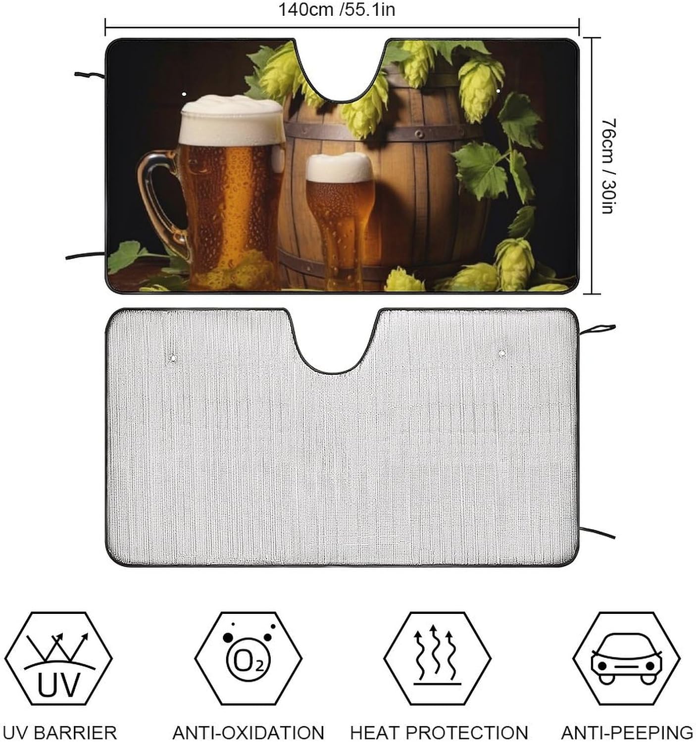 Car Windshield Sun Shade Cover Beer and Hop Cones Sunshade Fron Windshield Cover Foldable Car Sun Visor for Truck Car Windshield Cover for Most Sedans image 2