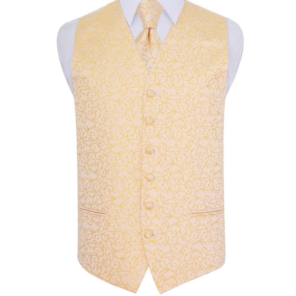 Dqt Men's Gold Swirl Floral Jacquard Waistcoat & Tie Set (2Pc) - Wedding, Business & Formal - 42" (Xl)