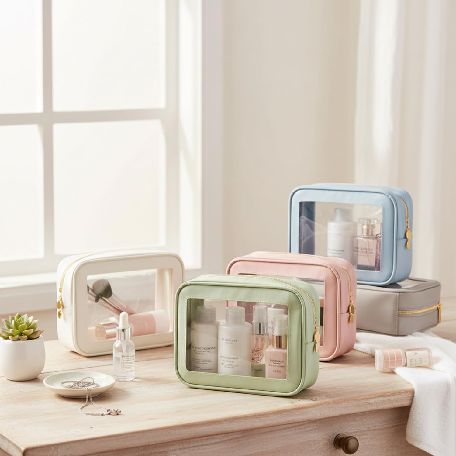 Abbylike 6 Pcs Clear Makeup Bags Mother's Day Travel Nylon Clear Mix Color Toiletry Bag Bulk Car Organizer Case Waterproof Toiletry Pouch with Golden Zipper for Teacher Mother Women Wedding Gift