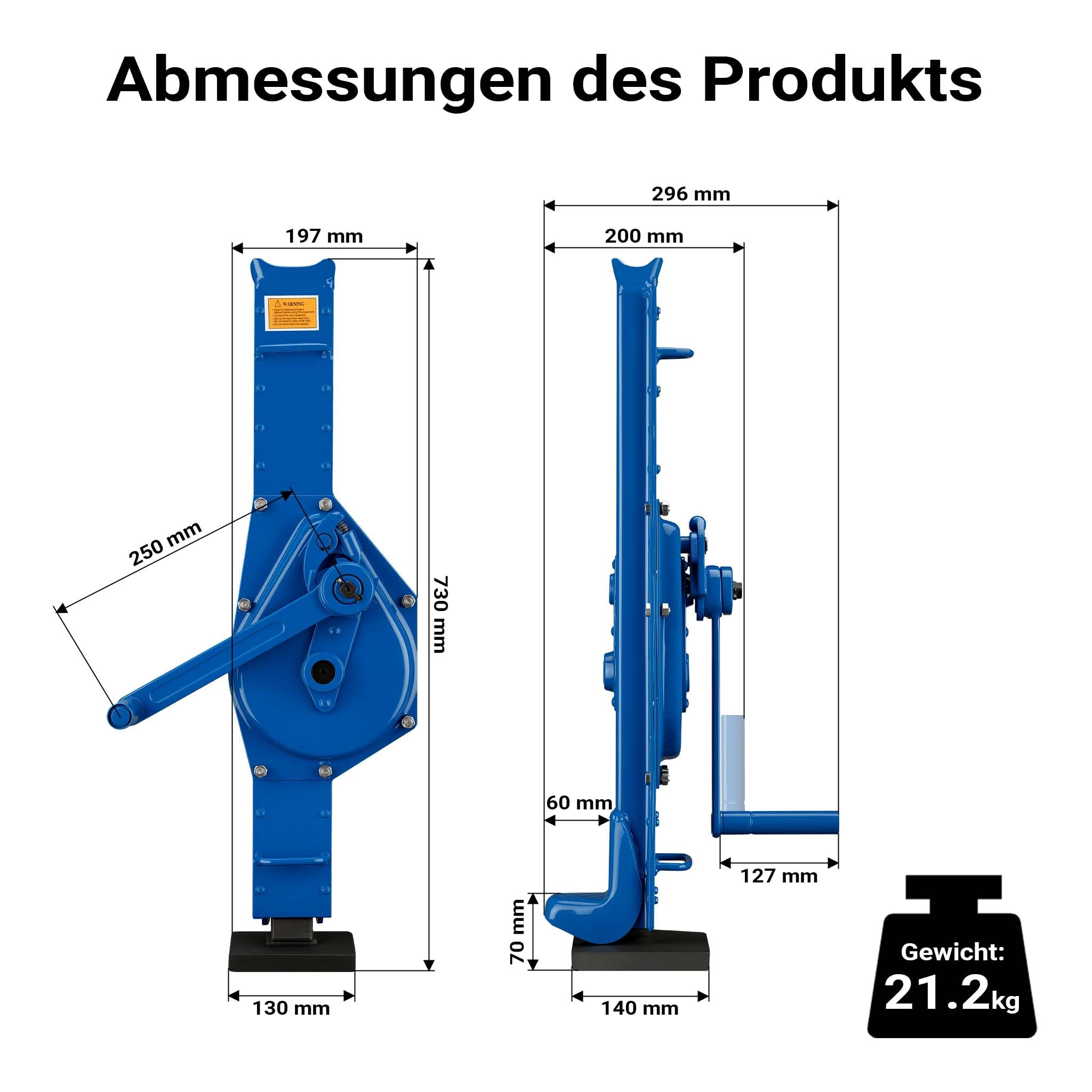 Wiltec Stahlwinde 3000 kg mit Bauhöhe 725 mm, 350 mm Hubhöhe, Robuste Zahnstangenwinde, Hubwinde mit 2 Ansätzen, Stockwinde