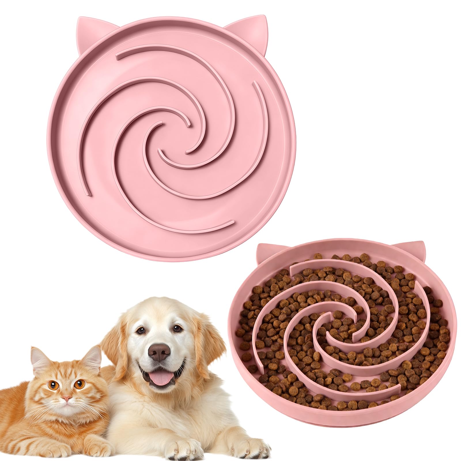 2 Pcs Slow Feeder Cat Food Bowls, Cat Slow Puzzle Feeder Bowl, Ideal for Dry and Wet Food, Non-Slip Bottom Spill Proof Slows Eating Cats Food Bowl (Pink)