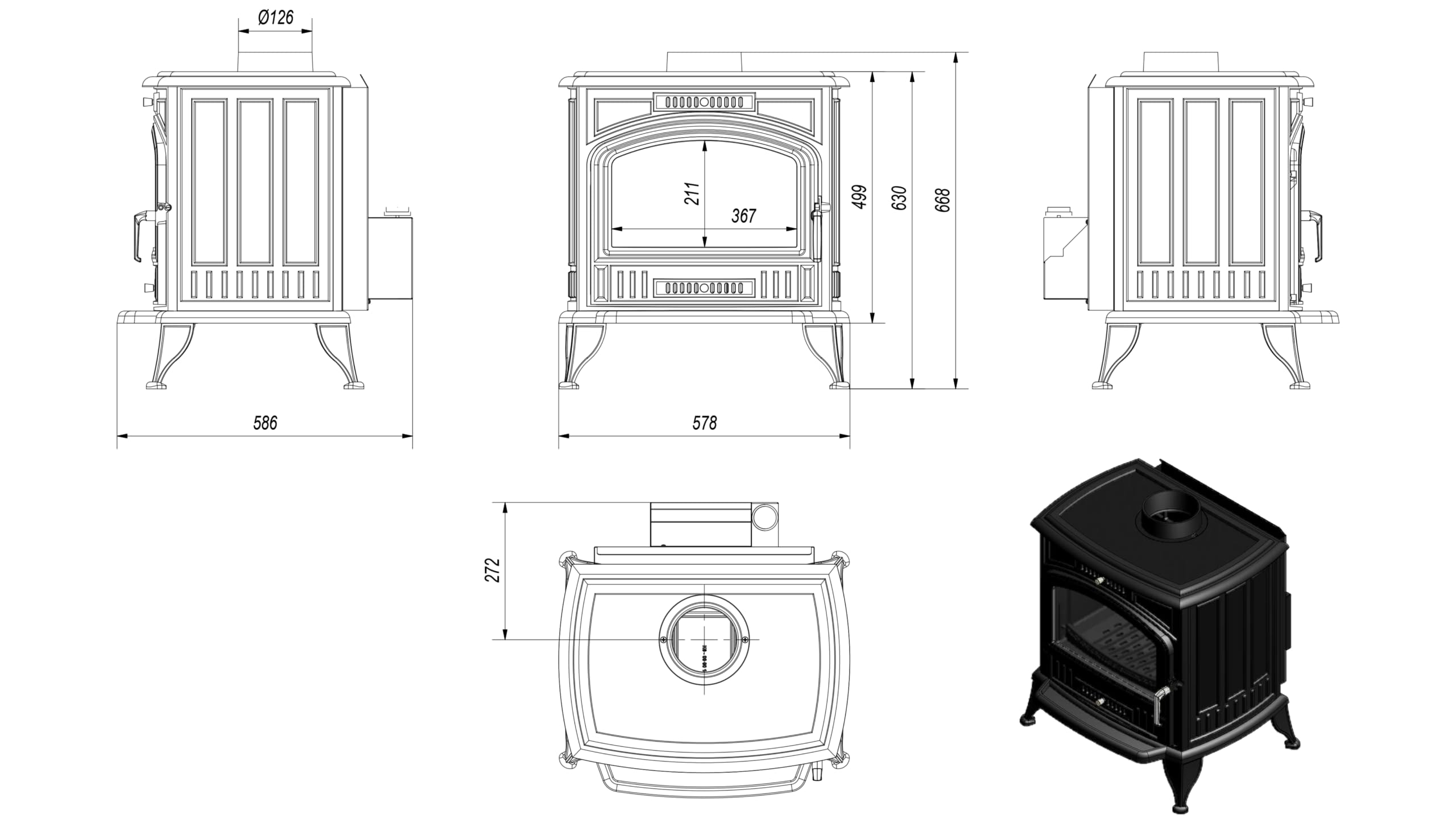 KRATKI Stufa a legna in ghisa KOZA K6 8 kW Ø130 A Stufe Vintage & Svedesi | Ghisa nero, efficienza 70,4%, classe A. Ecodesign.; efficiente gamma di potenza 7-11kW; basse emissioni; calore uniforme