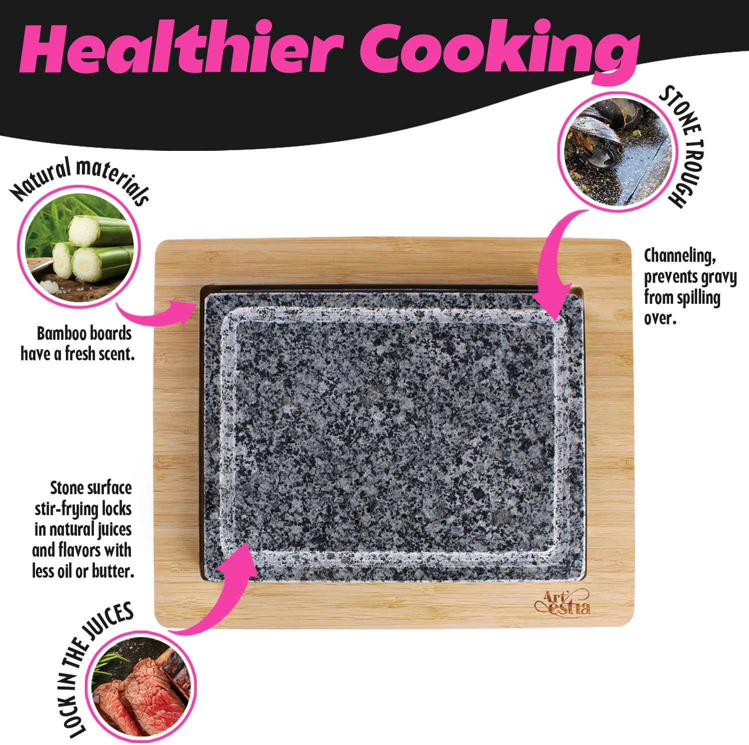 Artestia Steak Stone Grill Set with 2 Granite Stones & 1 Bamboo Tray – Restaurant-Style Hot Stone Cooking Set for Sizzling Steak, BBQ, Hibachi, Indoor Tabletop Grilling