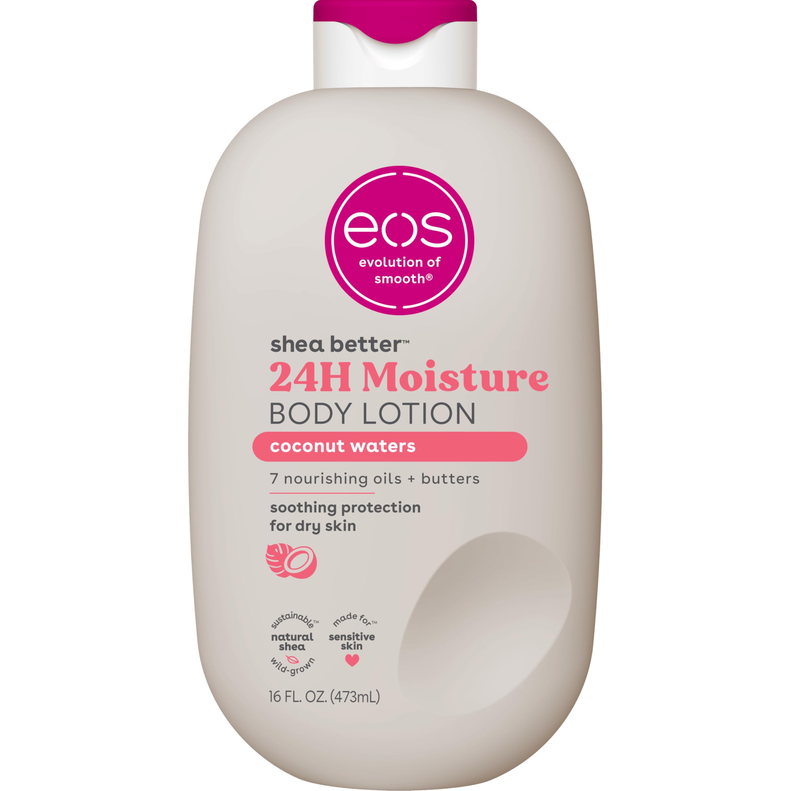 eos Loción corporal Shea Better - Agua de coco, cuidado hidratado de la piel durante 24 horas, ligera y no grasa, hecha con manteca de karité natural, vegana, 473 ml