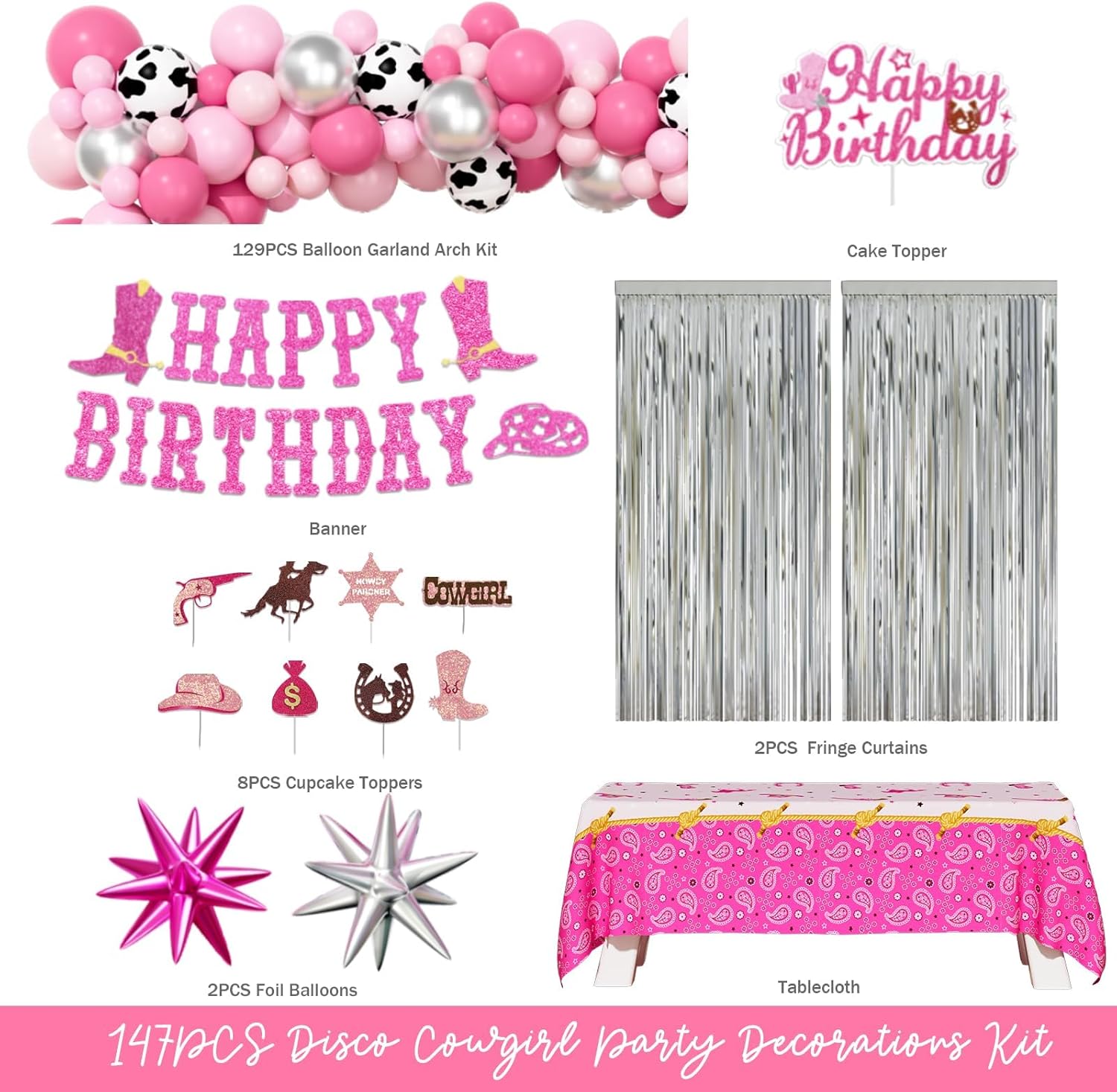 Disco Cowgirl Party Decorations, Hot Pink Cowgirl Birthday Decorations, Western Wild West Rodeo Theme Birthday Party Supplies Silver Fringe Curtain Balloon Banner Tablecloth Cake Topper - Image 2