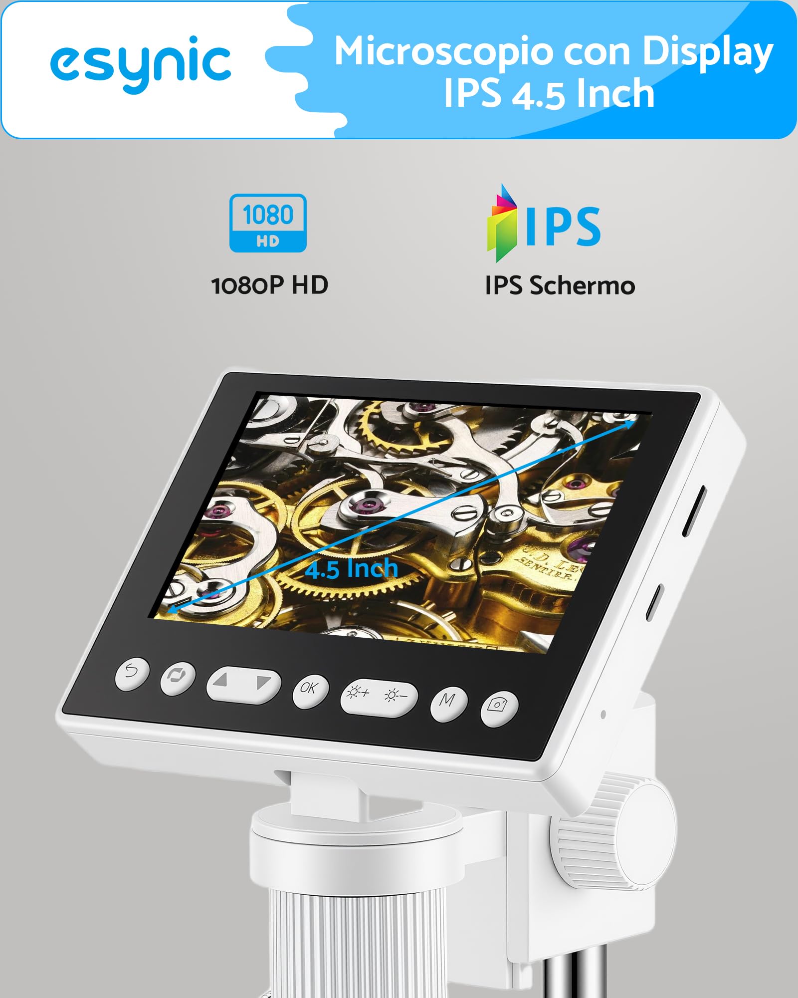 eSynic IPS 4.5" Microscopio Digitale Ricaricabile, Ingrandimento 5X-1000X, 8 LED Regolabile + 2 Fari a Tubo Flessibile, USB Microscopio con 32GB di Memoria, Fotocamera 1080P, Compatibile Windows/MacOS