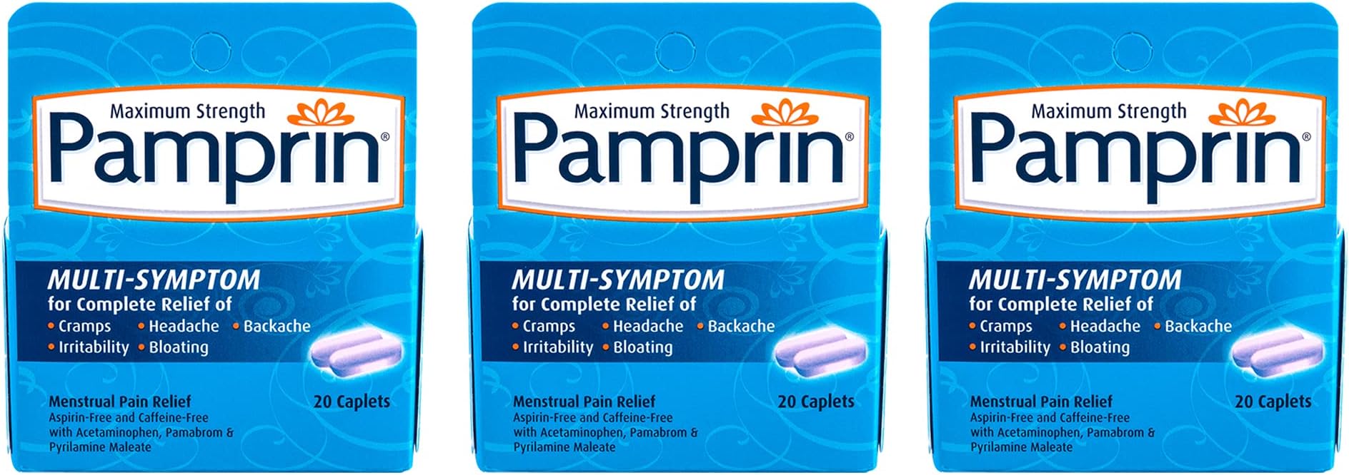 Pamprin Multi-Symptom Formula, with Acetaminophen, Menstrual Period Symptoms Relief, 20 Caplets (Pack of 3)