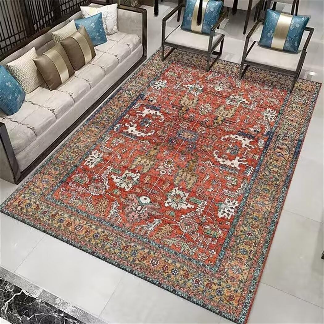 Tapis chambre enfant fille lavable et doux rouge oriental
