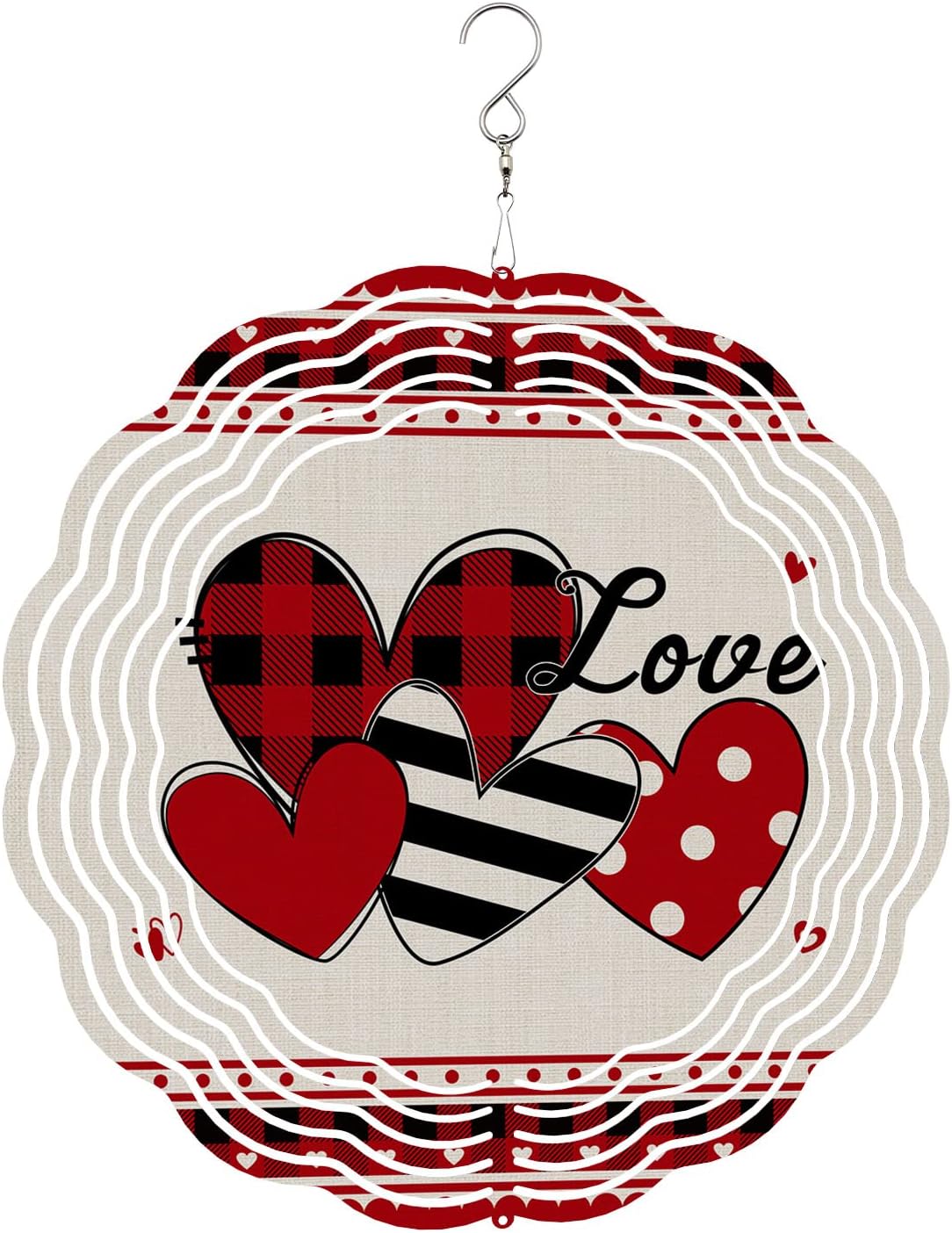 Red Beige Valentine's Day Wind Spinners for Yard and Garden, Metal Wind Spinner Hanging for Outdoor Indoor, Stripes Plaid Love Heart Porch Wind Sculptures Spring Summer Ornament Spinner 10''(Round)