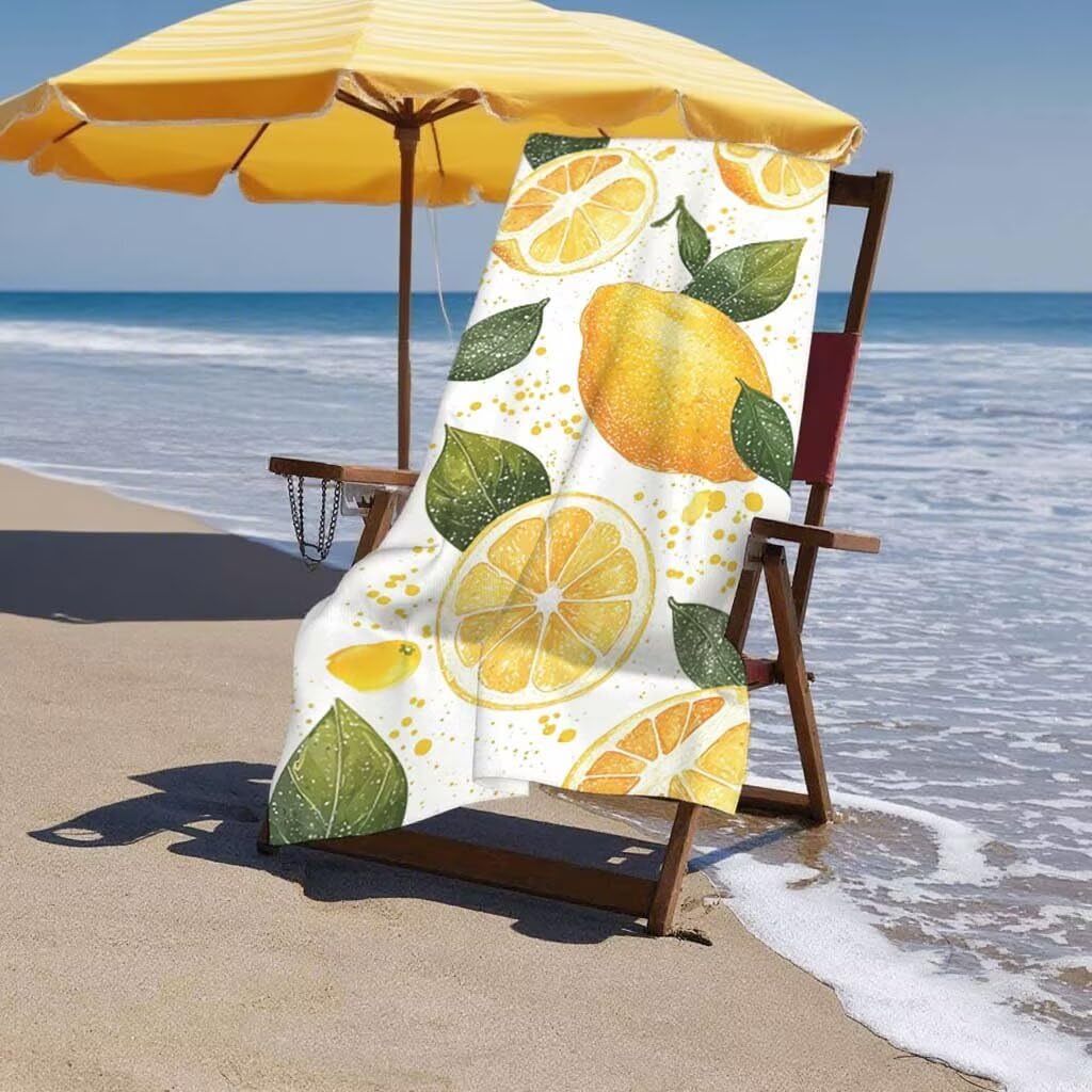 Serviette de Plage Citron Lot de 2 Serviette Microfibre Drap de Plage XXL 90x200cm/35x70cm, Séchage Rapide Anti Sable Drap de Bain, Vacances Plages Accessoire pour Voyages Camping Pique-nique A-59