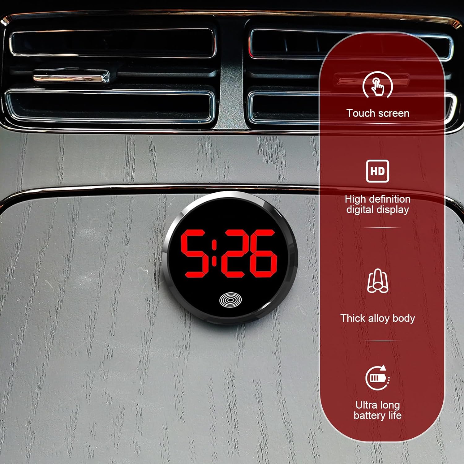 Car Digital Dashboard Clock, Trendy Circular Luminous Touch-Sensitive LED Clock with Premium Metal-Finish, Adhesive Backing Vehicle Time Decoration Universal for Most Cars (Red)