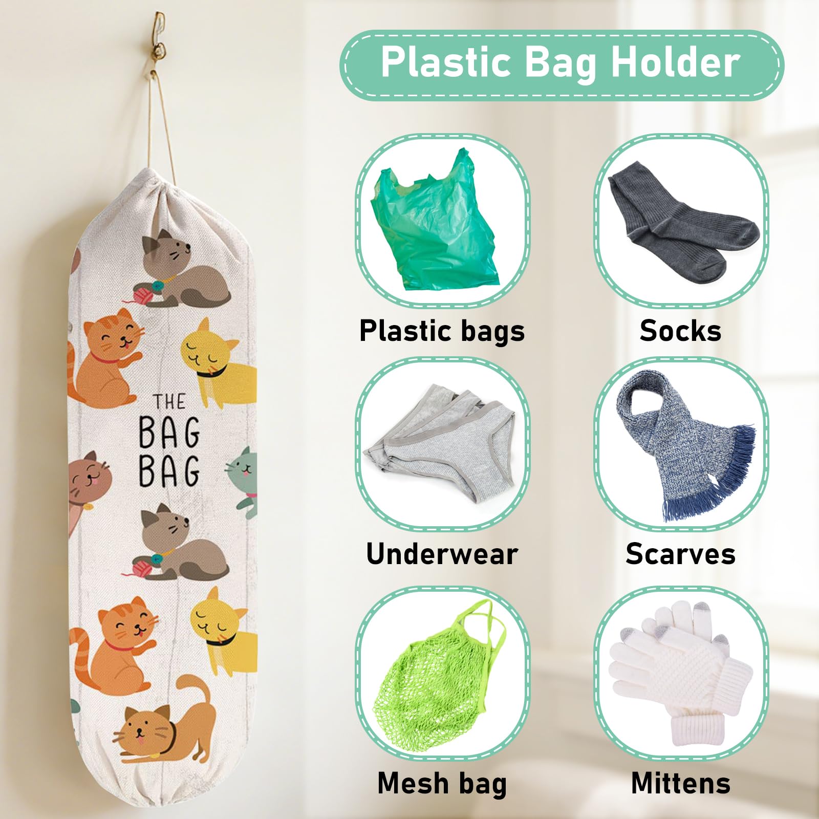 WELLBANEE 2Pcs Cat Plastic Grocery Bag Holder or Dispenser, Bag Holder for Plastic Bags, Cute Cat Plastic Bag Organize - PB003
