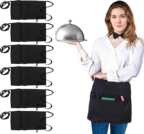 Ruvanti Delantal de cintura para camareroservidor mezcla de algodón 3 bolsillos lazos largos