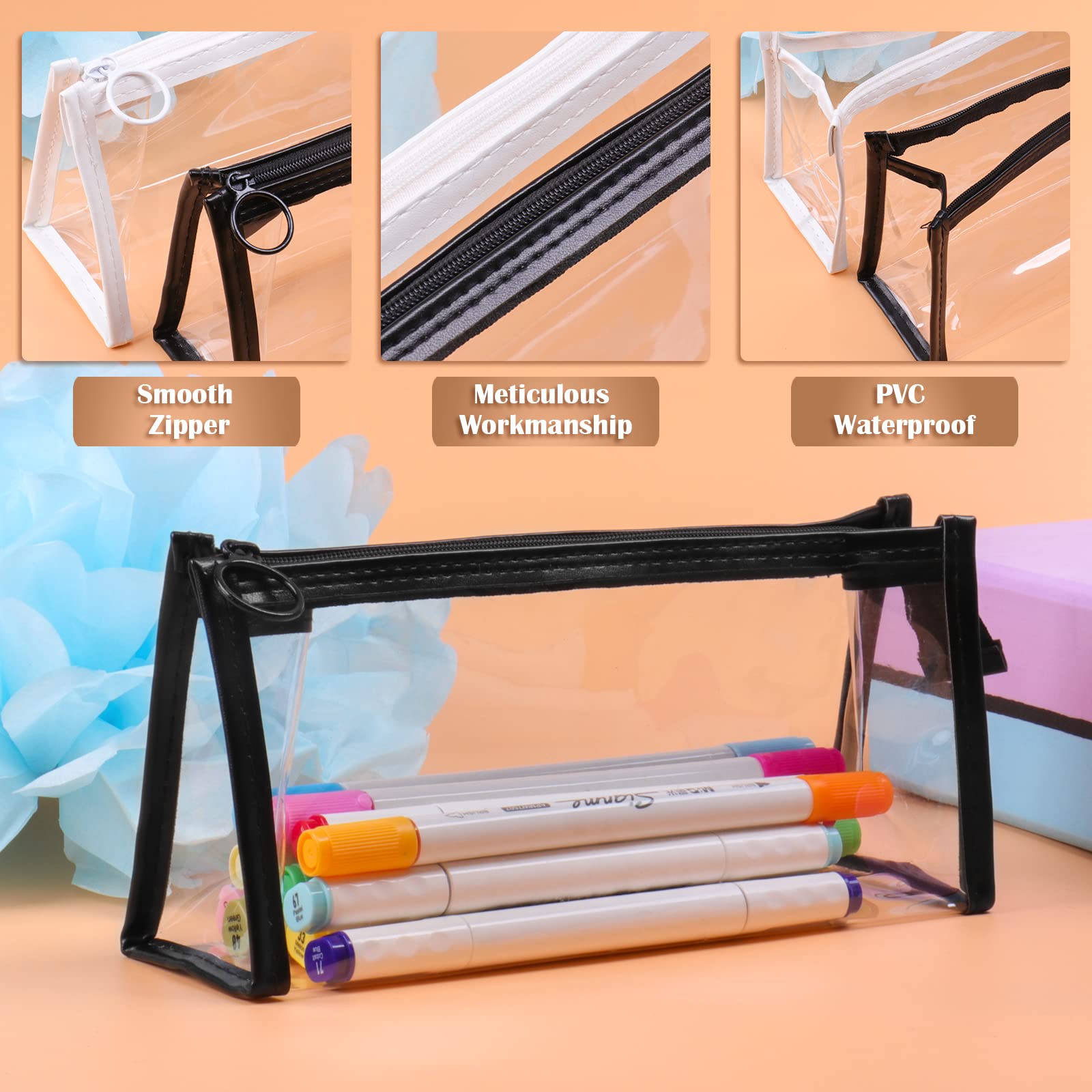 TIECHI 2PCS Clear Pencil Case for Exams Waterproof PVC Transparent Pencil Case for Girls Boys See Through Pencil Cases for Stationery School Make Up Toiletries Black&White - Image 2