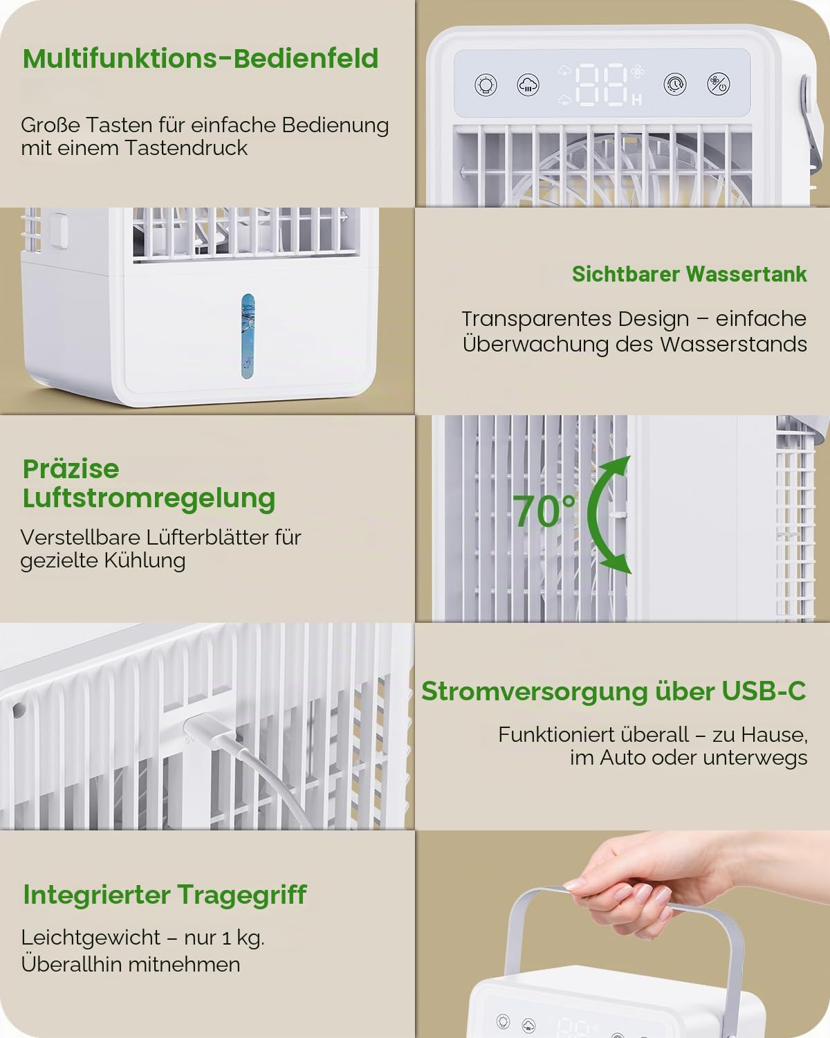 Mobile Klimaanlage mit 1500ML Wassertank, Mobiles Klimagerät mit 5 Gebläsestufen und 3 Betriebsarten, Timer-Funktion (2–10H), Fernbedienung, LED-Beleuchtung, USB-C-Anschluss - ideal für kleine Räume