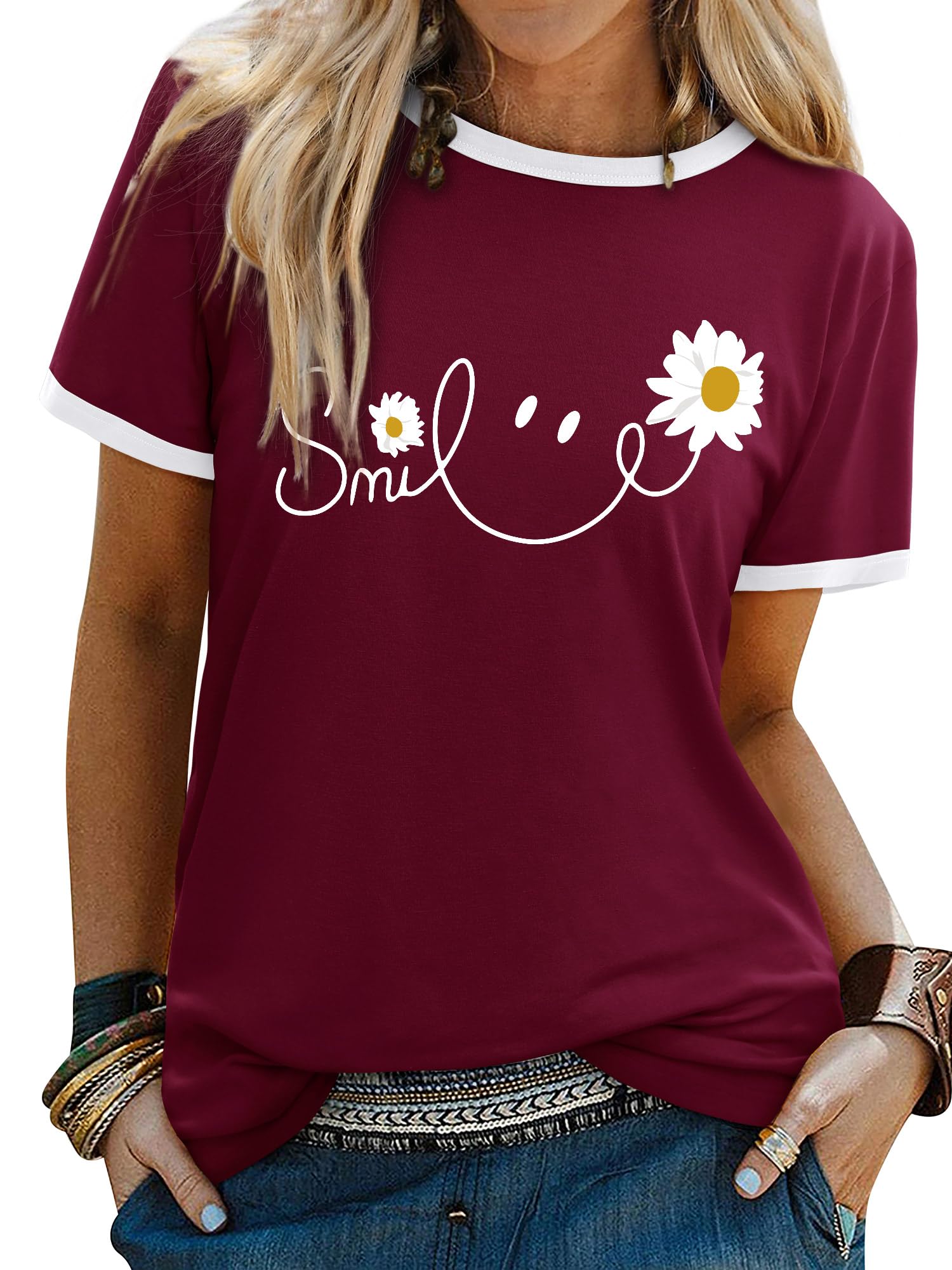 Yihelian Tshirts Frauen Rundhals Top Damen Daisy Print Kurzarm Tee Shirt Sommer Lächeln Brief Gedruckt Shirts