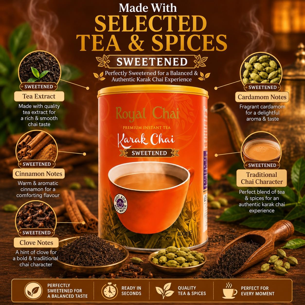 Royal Chai Karak Chai gesüßte Dose 400g (6 Stück) - Premium Instanttee - Karak Tee - Natur - Instant Kark Indianer Tee