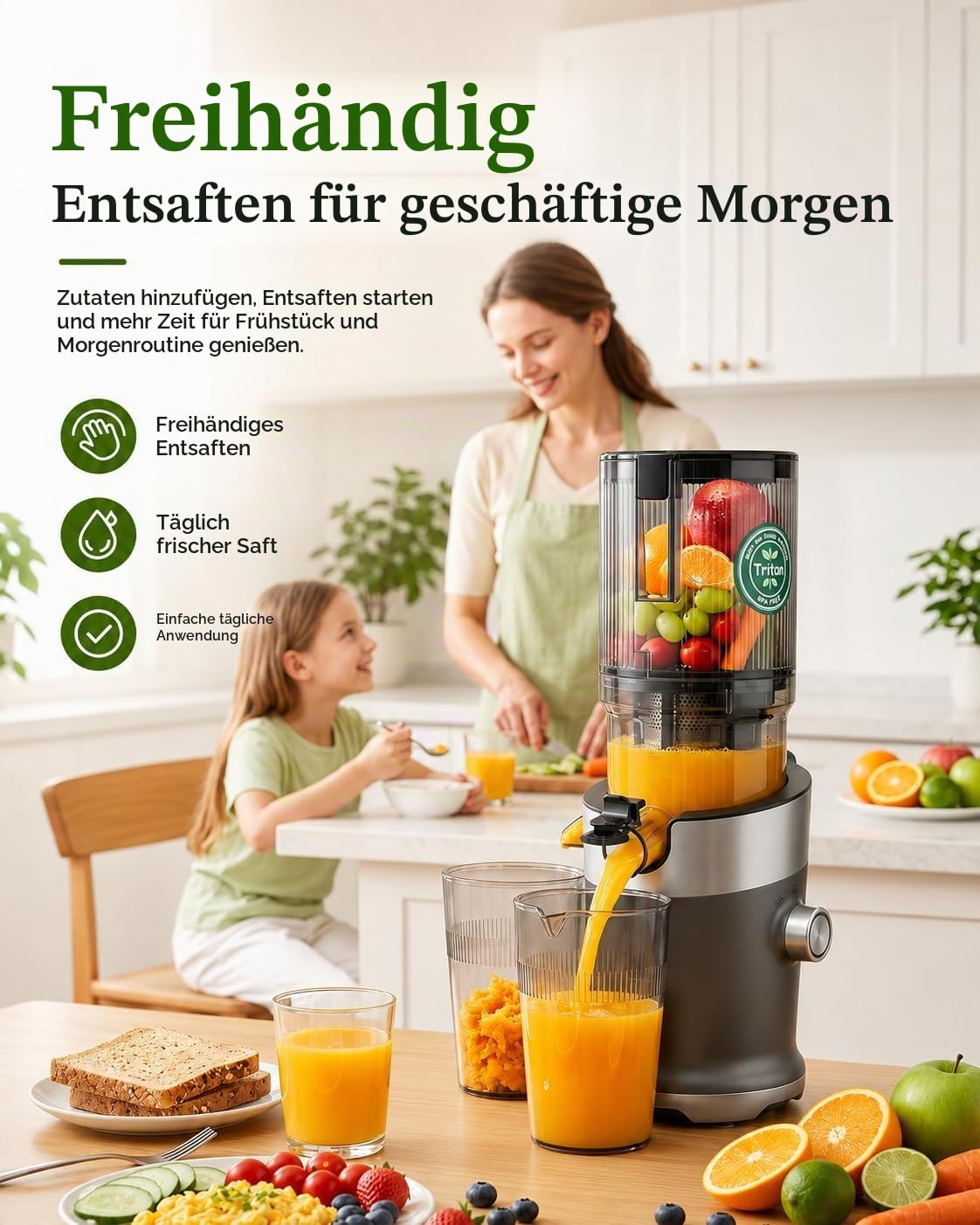 Entsafter Gemüse und Obst Testsieger, Slow Juicer, 130 mm | Hochwertiges BPA-freies Tritan, großer 1,5-L-Einfüllbehälter, hohe Saftausbeute und mühelose Reinigung