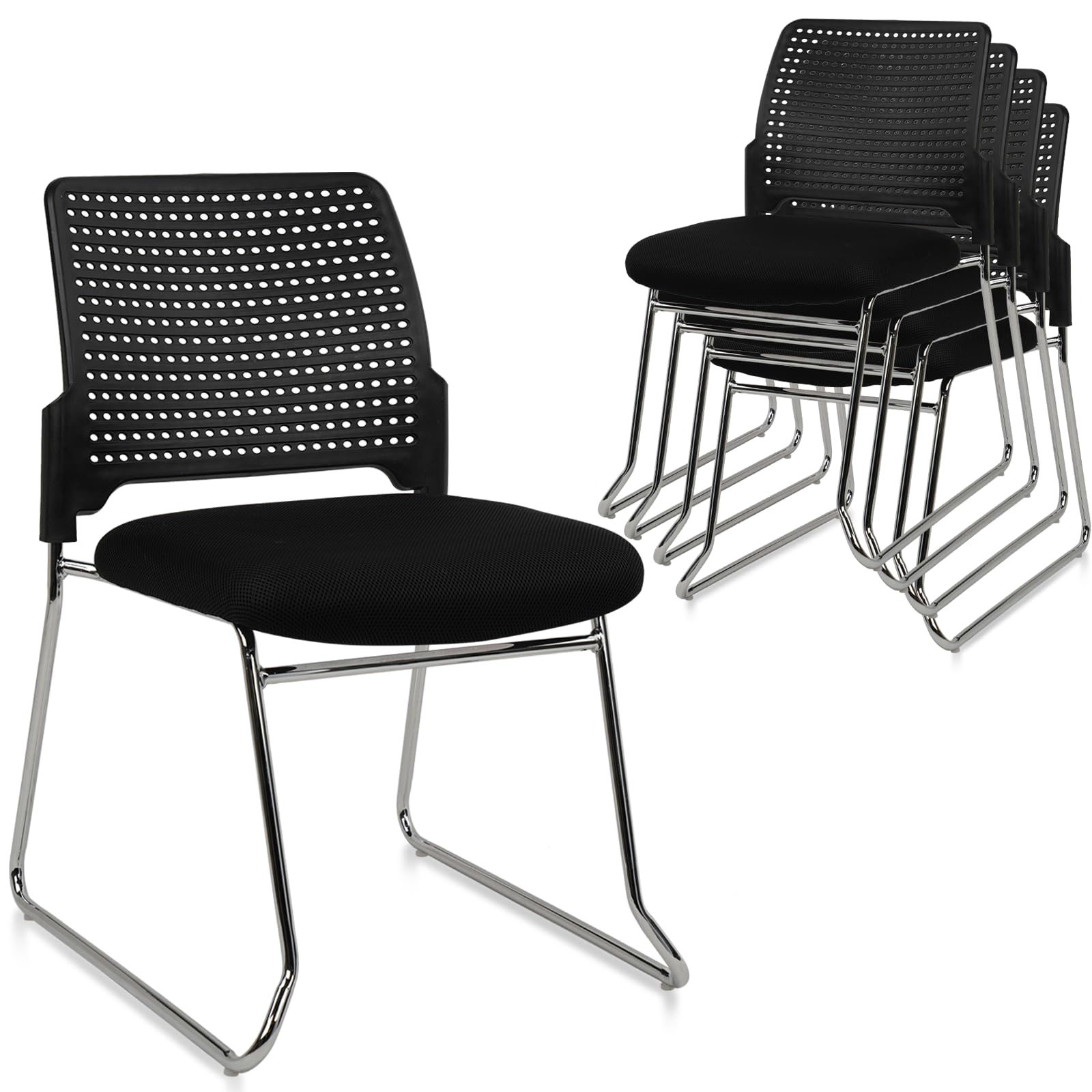 CLATINA Stacking Chair Set of 4, Office Waiting Reception Stackable Armless Chairs with Padded Seat Sled Base, Plastic Desk Chair No Wheels for Conference Lobby Break Room Guest Training, Black