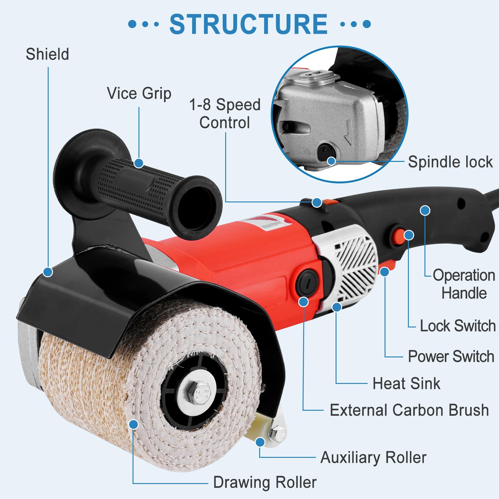 2800W Elettrica Lucidatrice per Trafilatura 8 Velocità regolabile Spazzolatrice Legno Smerigliatrice a Rulli Elettrica Smerigliatrice per rasatura con 1 * ruota filo abrasivo e 1 * ruota di lino (eu）