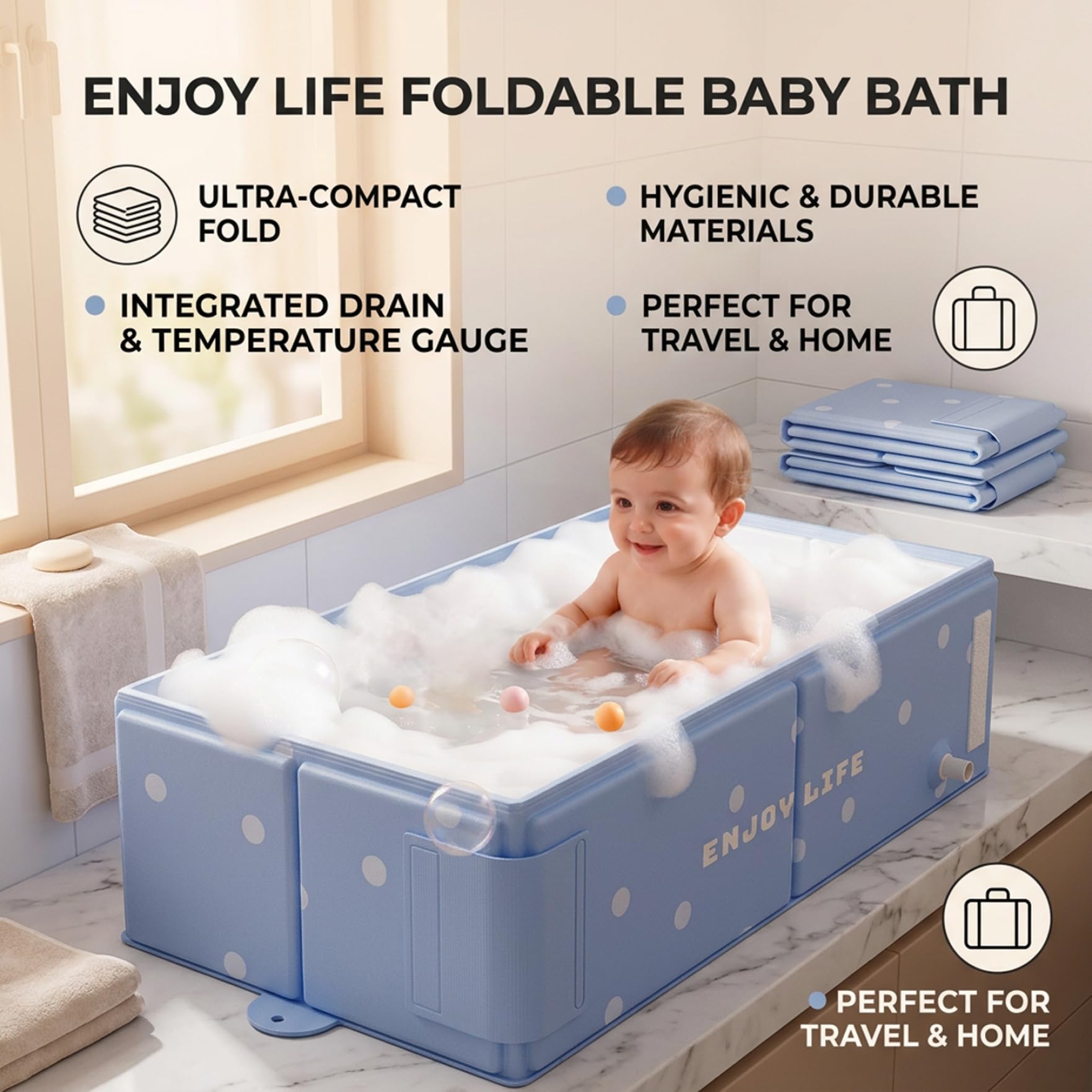 Bañera plegable para bebé, plegable, para recién nacidos y niños pequeños, portátil que ahorra espacio, azul