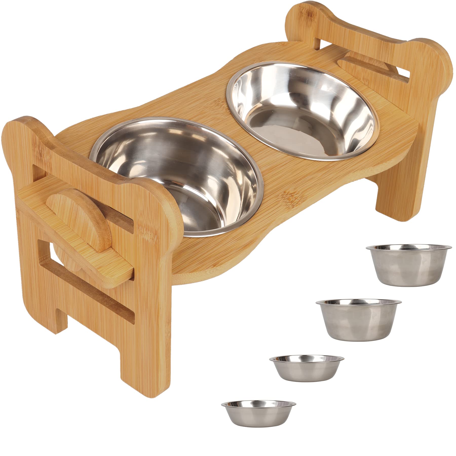Adjustable bamboo elevated dog bowl stand