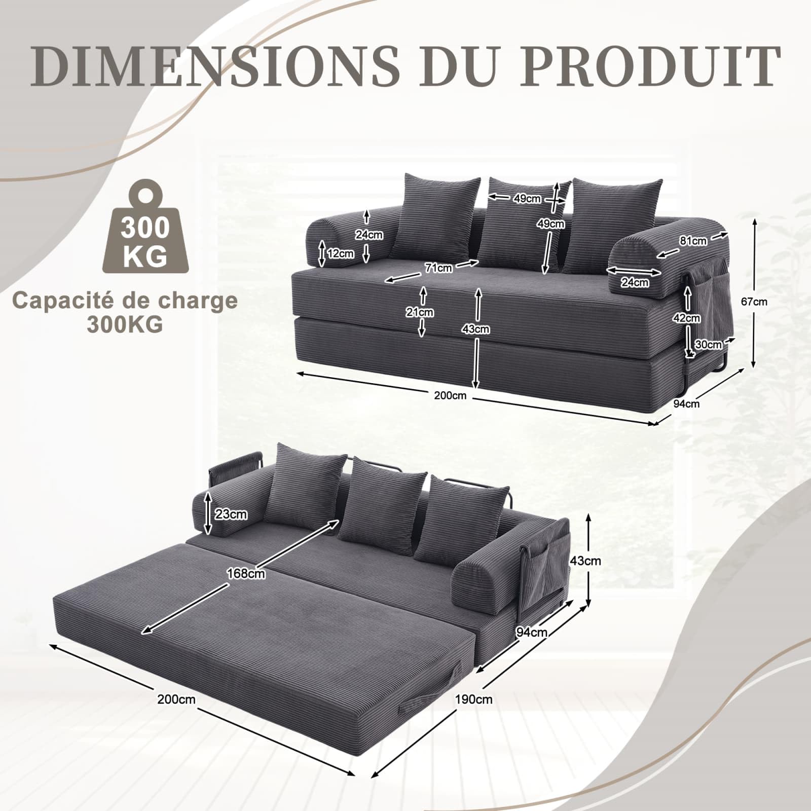 KOMHTOM Canapé 3 Places en Velours Côtelé avec 3 Coussins Confortables, DIY Libre et Structure Métal - Canapé Convertible Moderne (Gris foncé-B)