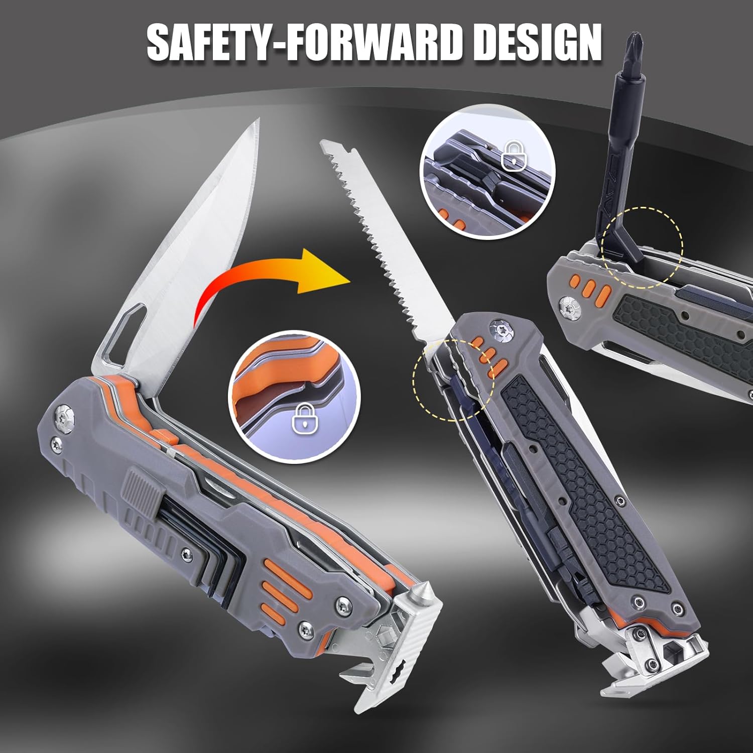 HANSHI 13 in 1 Multitool Knife with Nylon Sheath for Camping,Hiking,Survival,Outdoor Multi Tool Pocket Knife with Window Breaker,Birthday Christmas Valentine's Day Gift for Dad Mens Boyfriend(Gray)