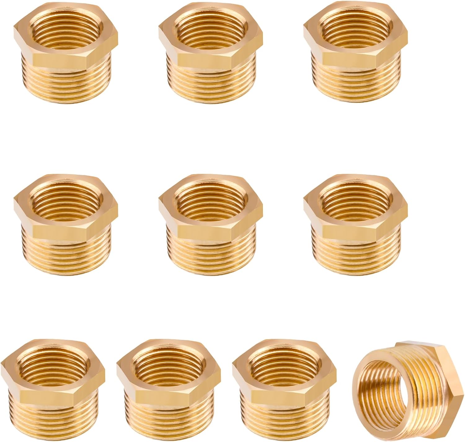 10Pcs Brass Reducer Hex Bushing 3/8" NPT Male x 1/4" NPT Female Threaded Pipe Fitting Hose Tube Adapter Convert
