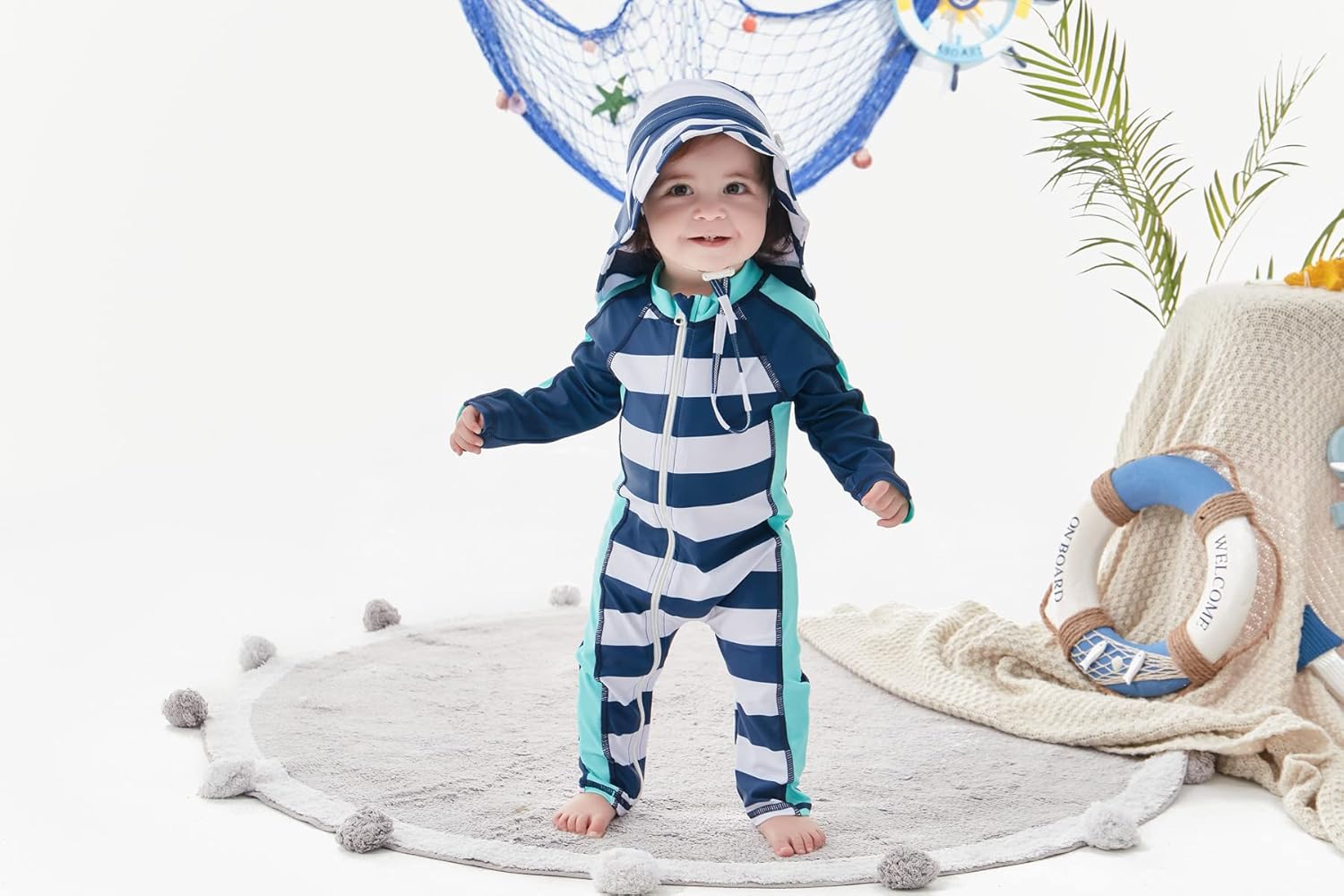 UNIFACO Baby Boy Swimsuit UPF 50+ Sun Protection One Piece Zip Bathing Suit with Sun Hat Infant Sunsuit Swimwear - Image 2