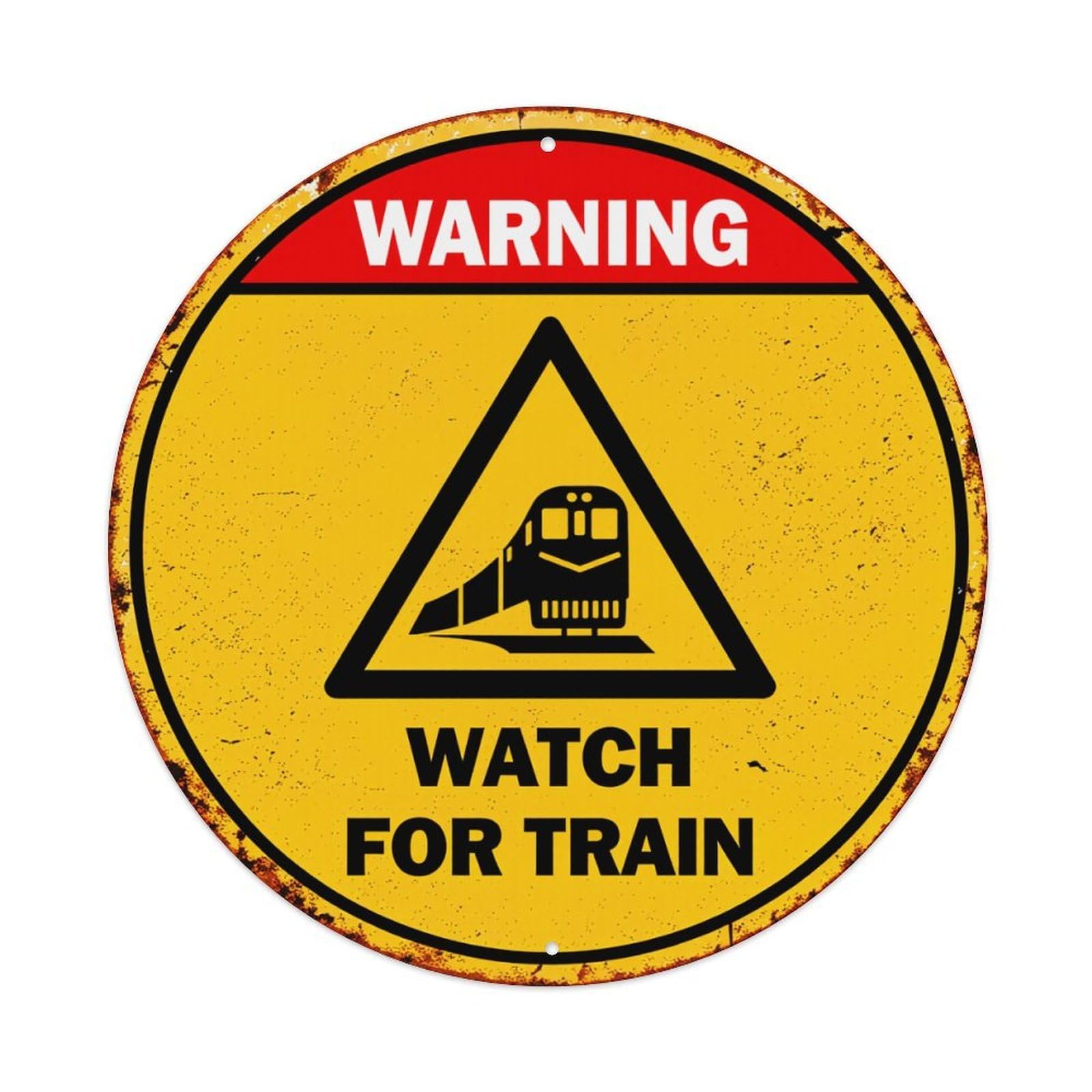 Warning Watch For Train Sign Round Tin Sign Retro Metal Sign for Cafe Bar Pub Home Game Room Gym Club Wall Decoration Vintage Metal Poster 8x8 Inch