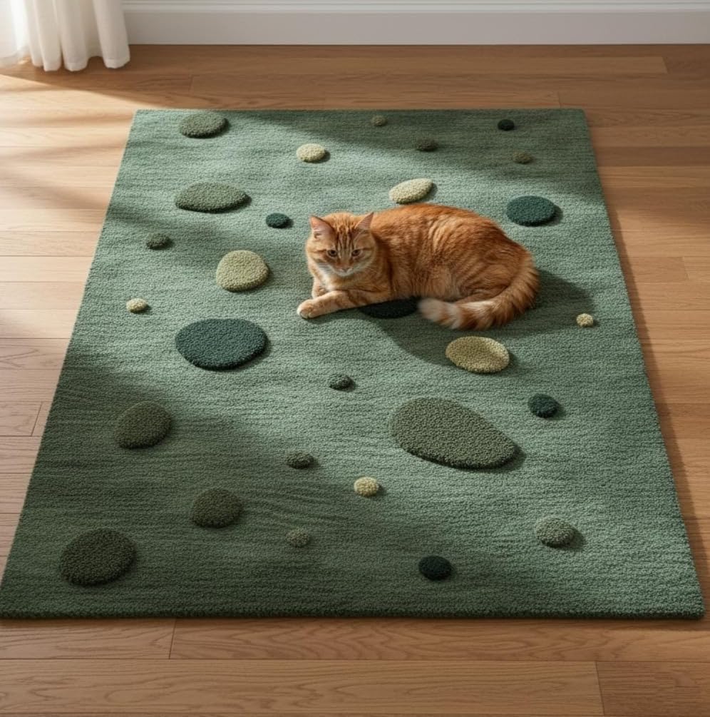 3D Moss Stone Area Rug, Green and Beige, Tufted, Nature-Inspired Living Room Decor (Dark Green, 8' x 10' Feet)