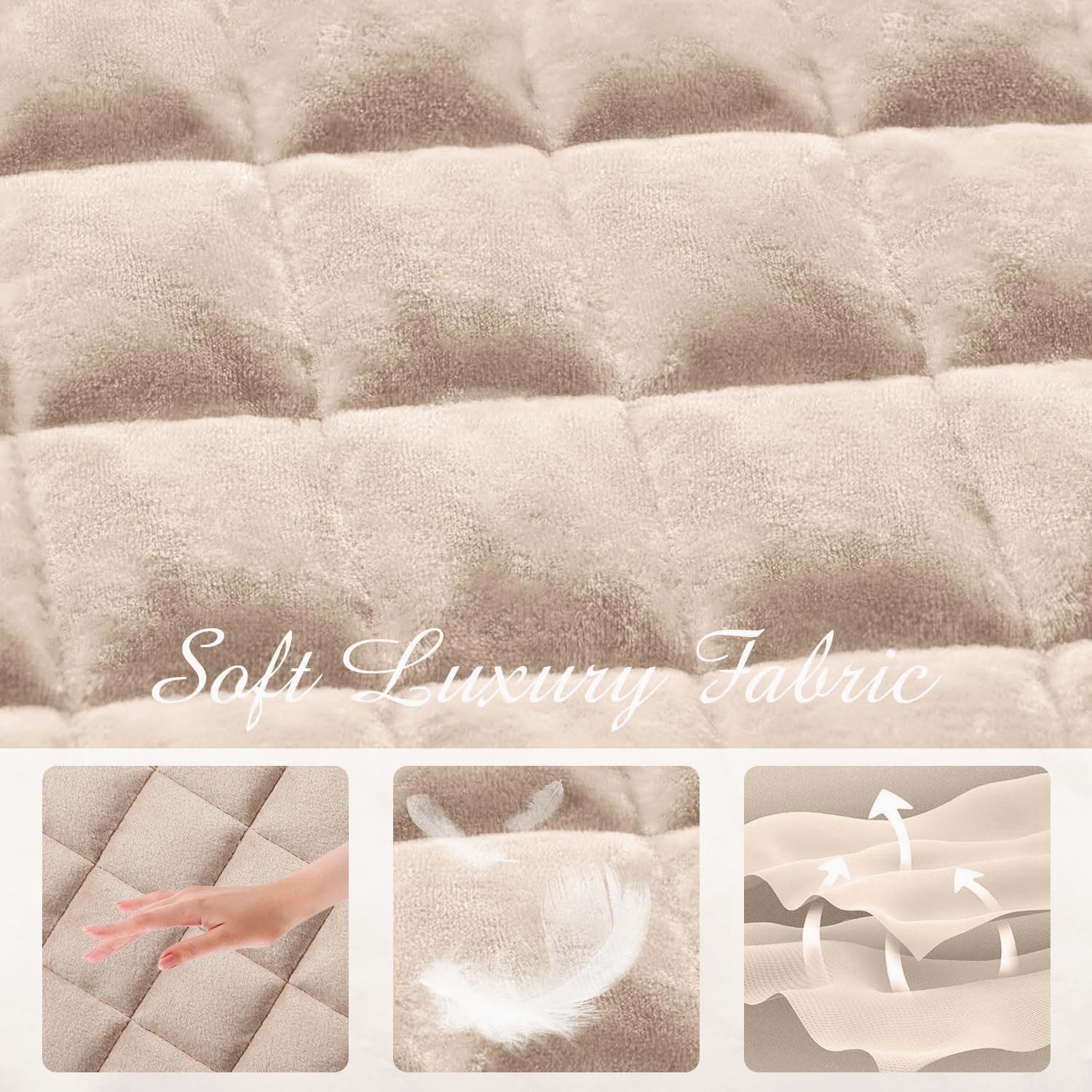 Luxury Velvet Quilt Set King Size, Comforter Set with Pillow Shams, Soft Lightweight Bedspread Coverlet Bedding Sets for All Seasons, Light Khaki - Image 5